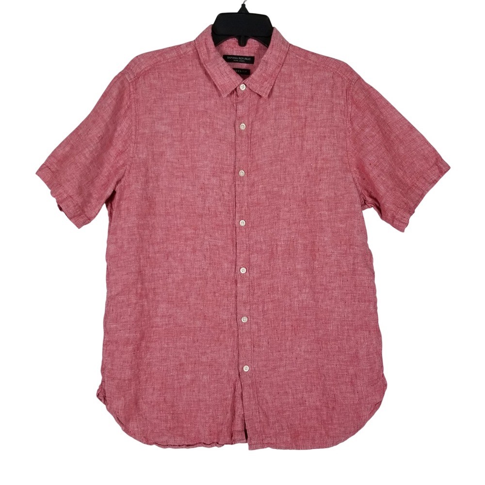 Banana Republic Linen Button Down Mens Medium Red Short Sleeve Camden Fit Shirt